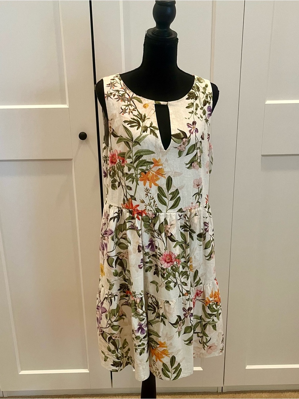 Jessica Howard White Floral Tiered Sleeveless Dress Pockets Lined Linen Blend